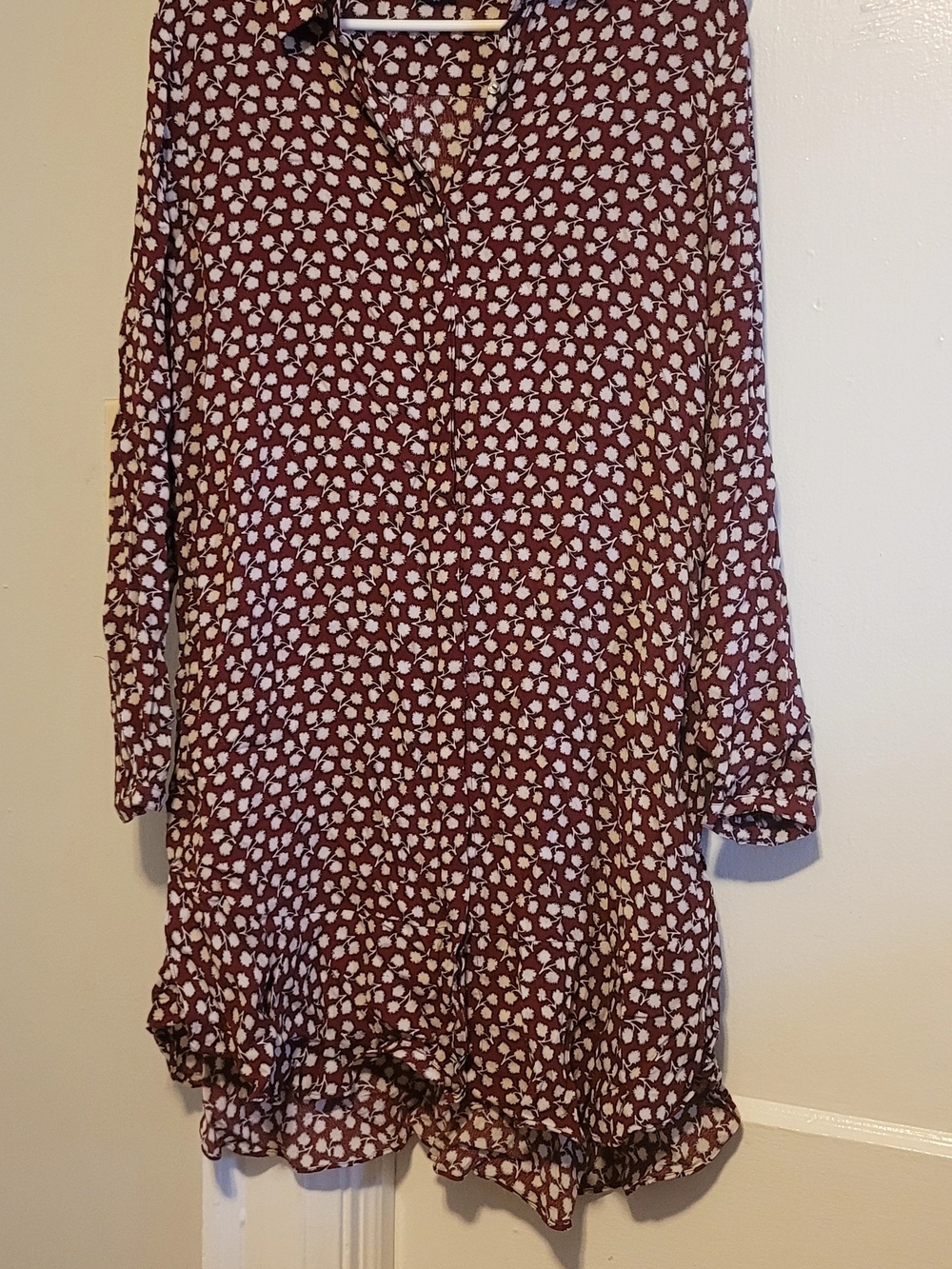 Scotch & Soda Burgundy & White Printed Ruffle-Hem Dress Sz1
